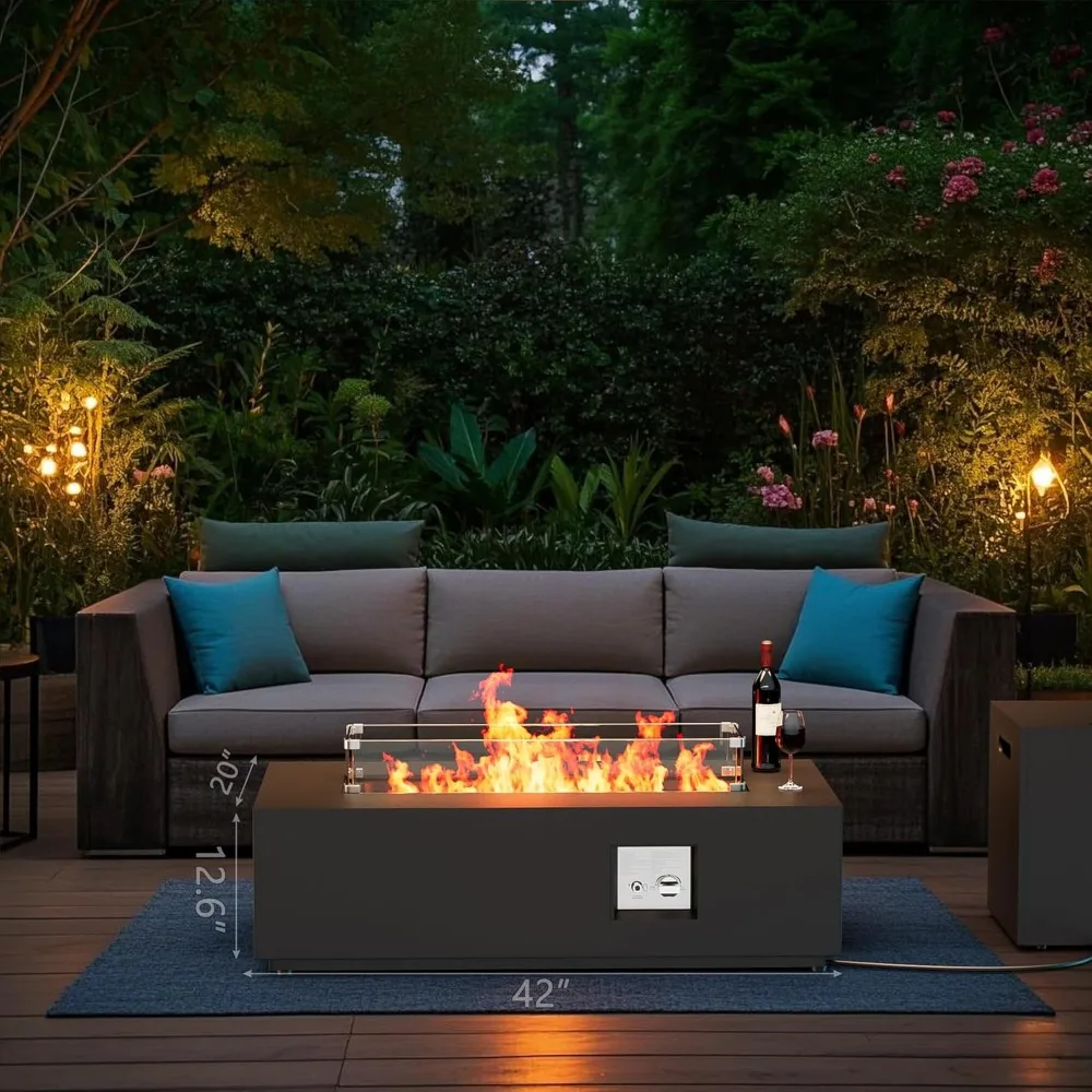 Outdoor 42-inch Gas Fire Pit Table with 50,000 BTU, Glass Windguard, Rocks, and Waterproof Cover 2