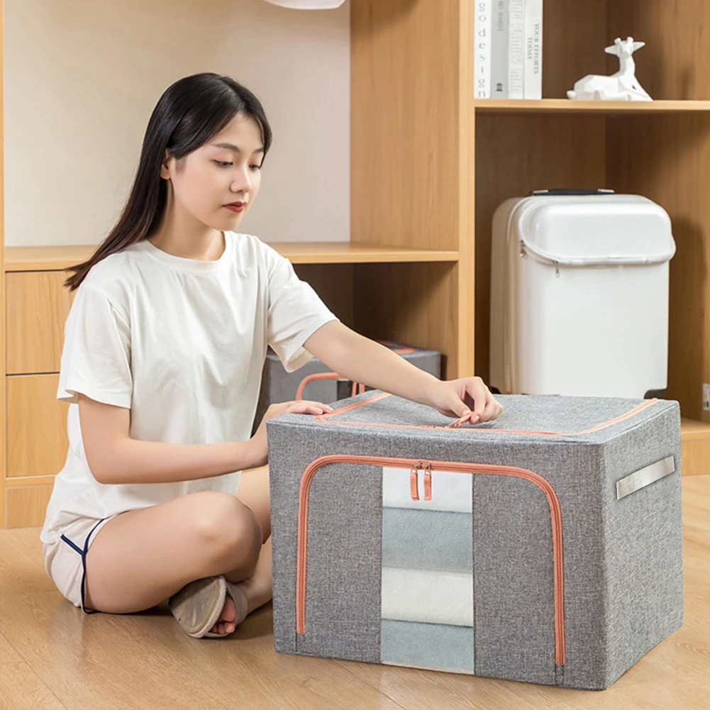 Foldable Clothes Storage Box Linen Stackable Storage Bag 24L Capacity Quilt Blanket Closet Clothing Organizer for Duvets Clothes