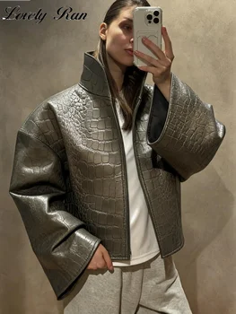 Veste décontractée en similicuir imprimé pour femme, col montant, manches longues, style streetwear, collection automne-hiver 2026, coupe courte