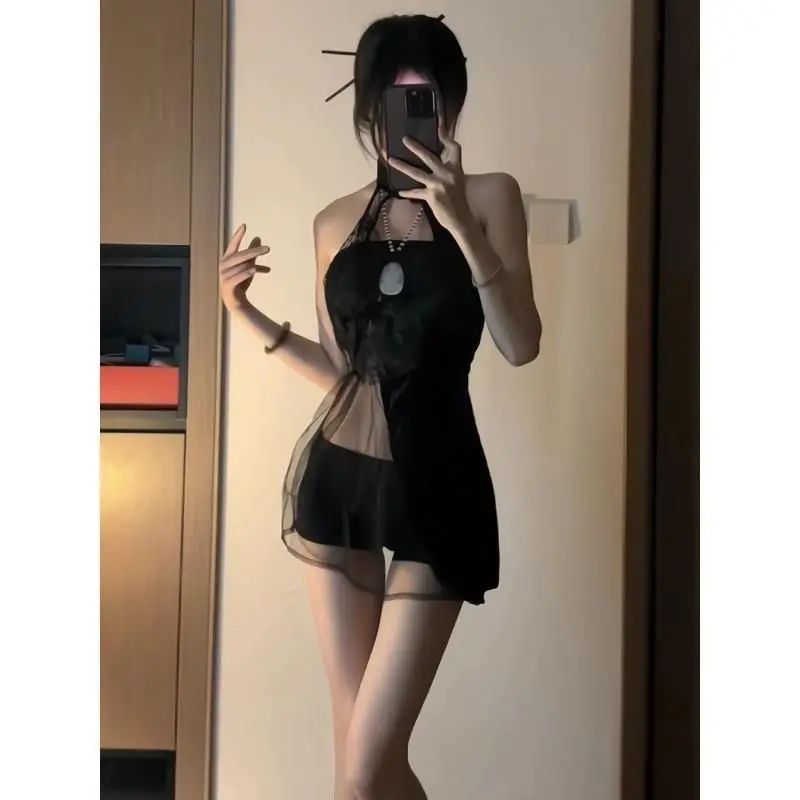 Black Vintage Stand Collar Butterfly Mini Dress Women Sexy Pajamas Loungewear Light Gowns Mesh Patchwork Nightgowns See-through