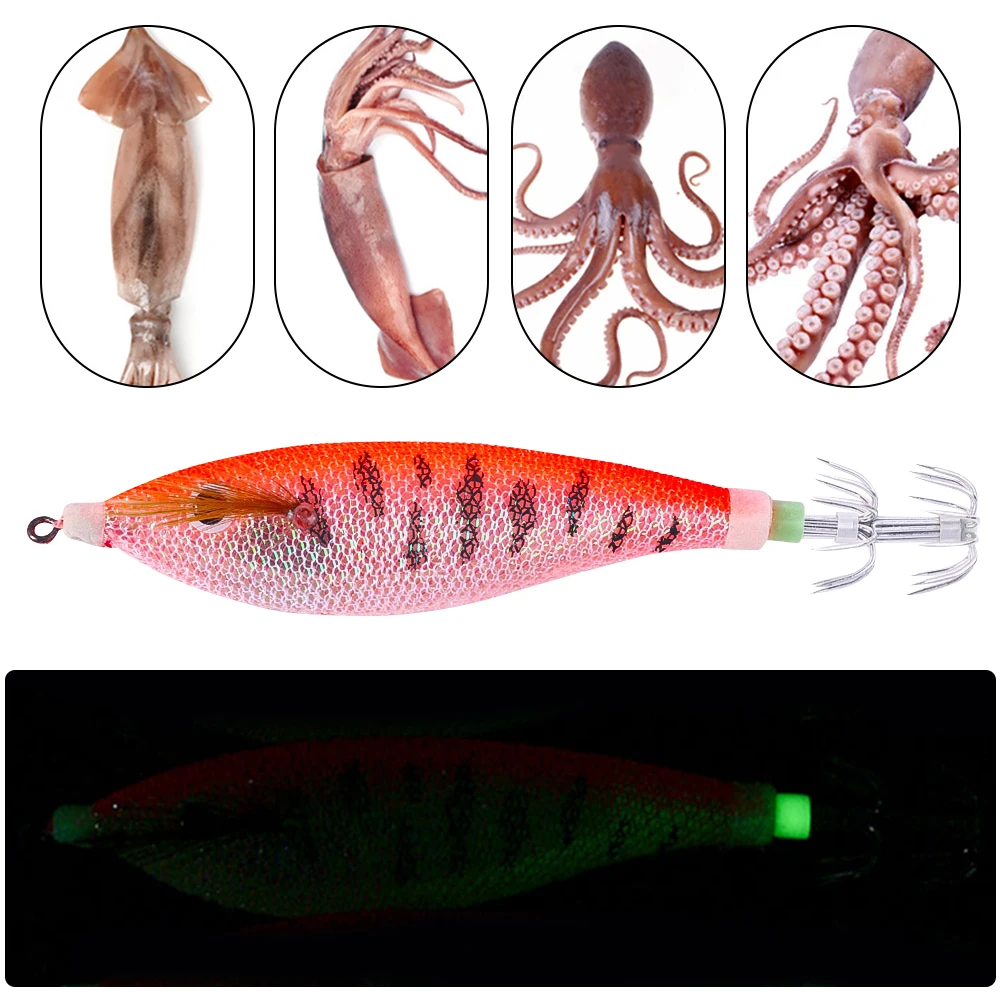 Glowing Squid Jigging Eging Wood Shrimp Hooks Horizontal Squid Trolling Lure 11CM/13.4G Octopus Bait Cuttlefish Bait for Fishing