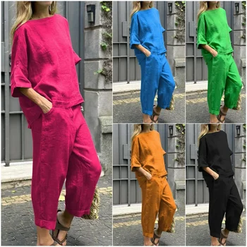 S-5XL 2024 Summer New Women's 2-piece Plus-size Cotton and Linen Shirt + High-waisted Pant Suit 2 Piece Sets Womens Outfits 1