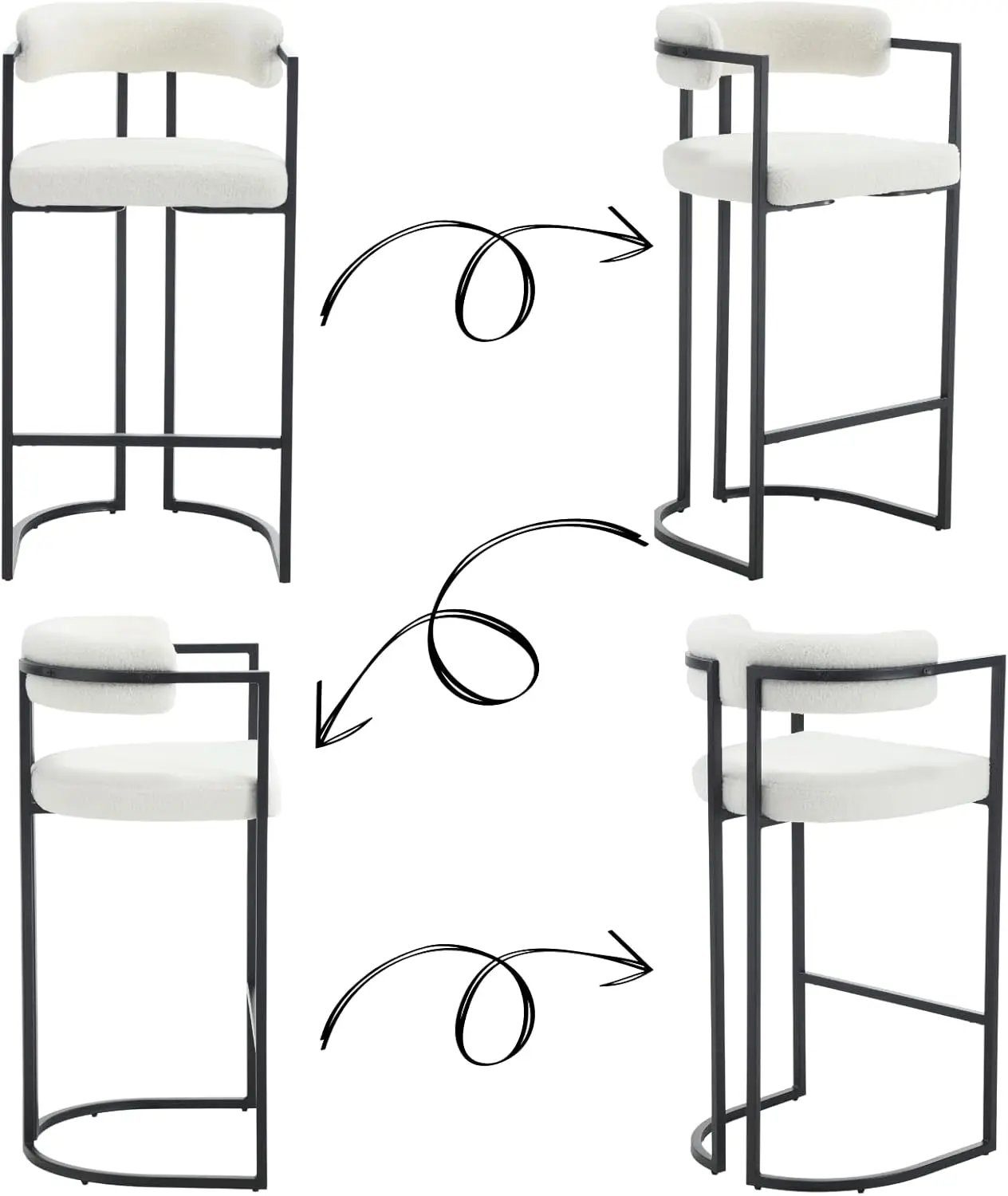 30Inch Sherpa Bar Stools Set of 2, Modern White Barrel Bar Stools with Comfy Back, Upholstered High Dining Chairs with Blac