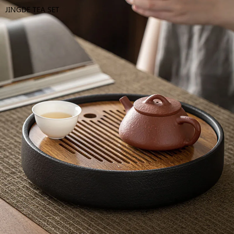 Black Ceramic Tea Tray Bamboo Panel Serving Tray Tea Set Supplies Water Storage Type Tea Table Living Room Trays Decorative