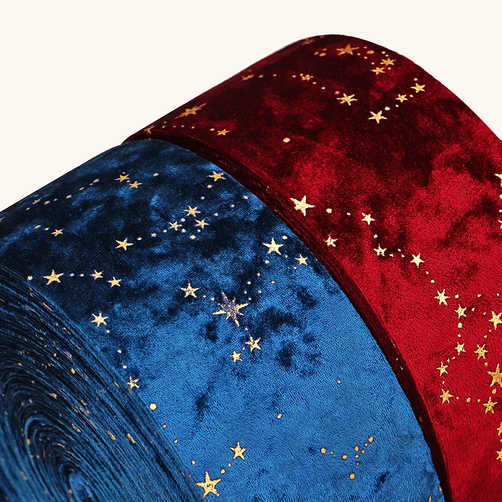 Double-sided Velvet Ribbons Hot Stamping Stars DIY Gift Wrapping Wedding Bouquet Christmas Decor Party Supplies A0021