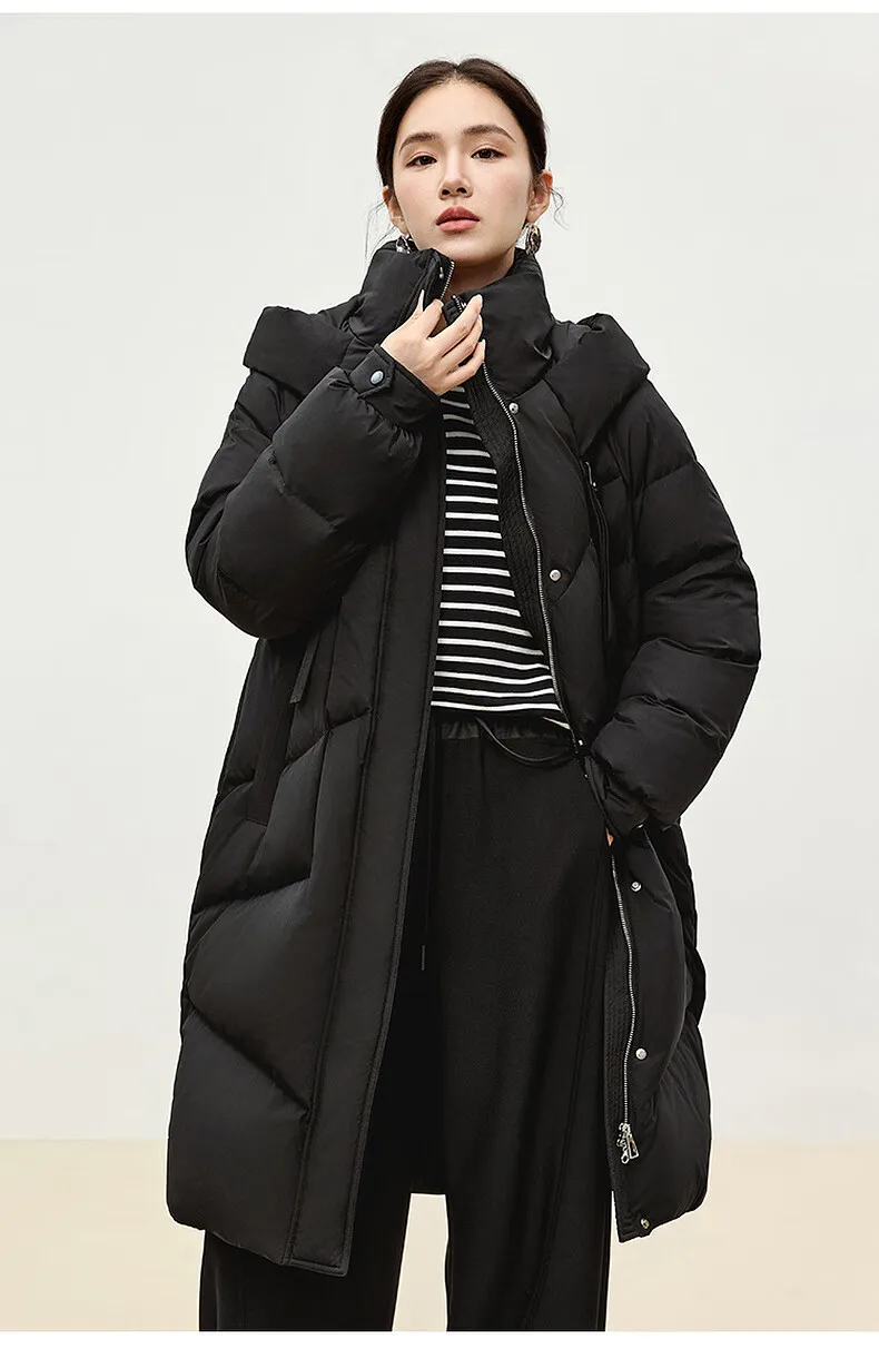 SENTUBILA Winter Long Down Coat Women 2024 Korean Over`sized Hooded Zipper White Duck Down Jackets Parkas Outerwears W44Y55972