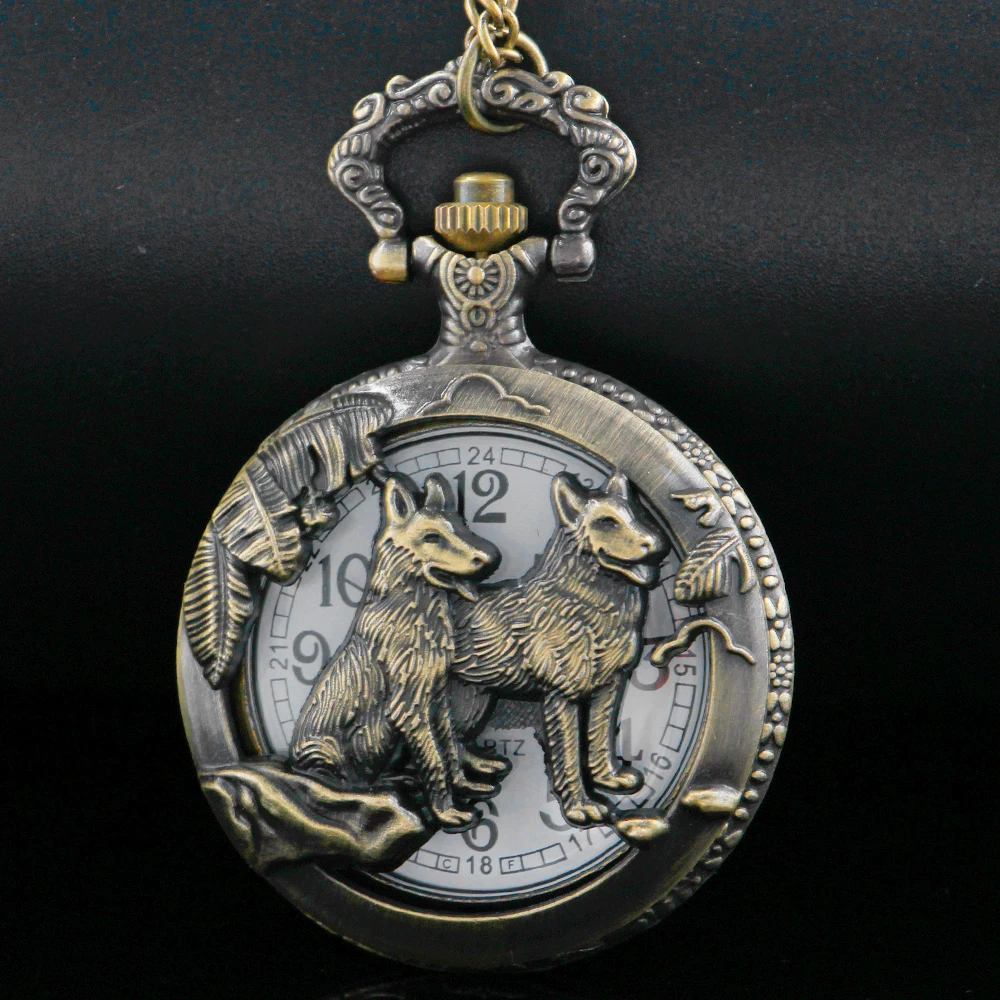 

Bronze Hollow Wolf 3D Embossed Steam Punk Necklace Quartz Pocket Watch Chain Pendant Birthday Jewelry Men Women Friend Gift