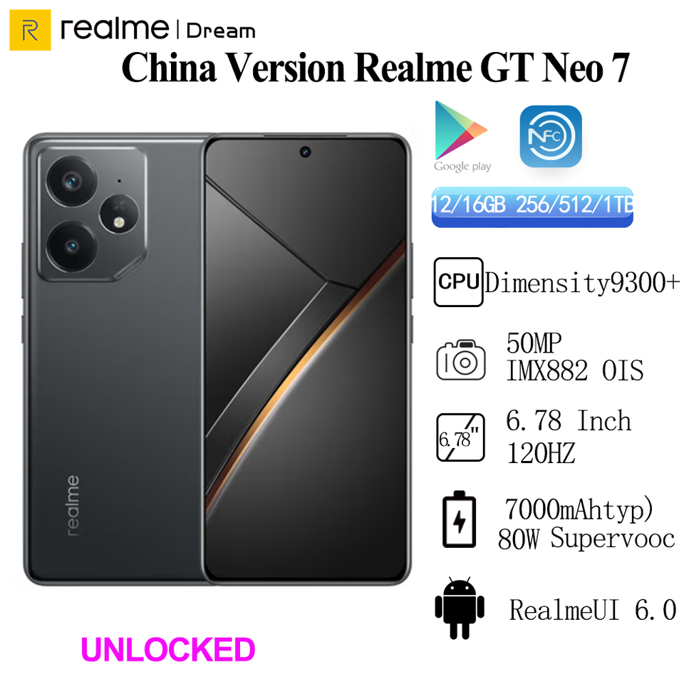 Original Realme GT Neo 7 Dimensity 9300+ IP69 7000mAh 80W Supervooc Unlocked Sim Network Region 50MP IMX882 6.78Inch OTA Update