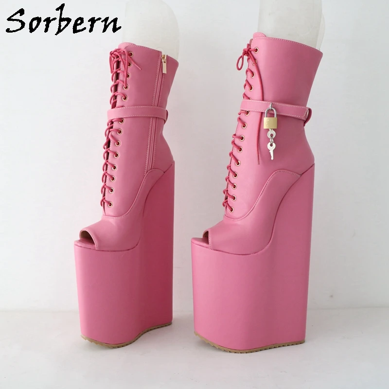 

Sorbern 30Cm Wedge High Heel Boots Unisex Ankle Strap With Locks Crossdresser Shoes Fetish Drag Queen Boot Platform Open Toe