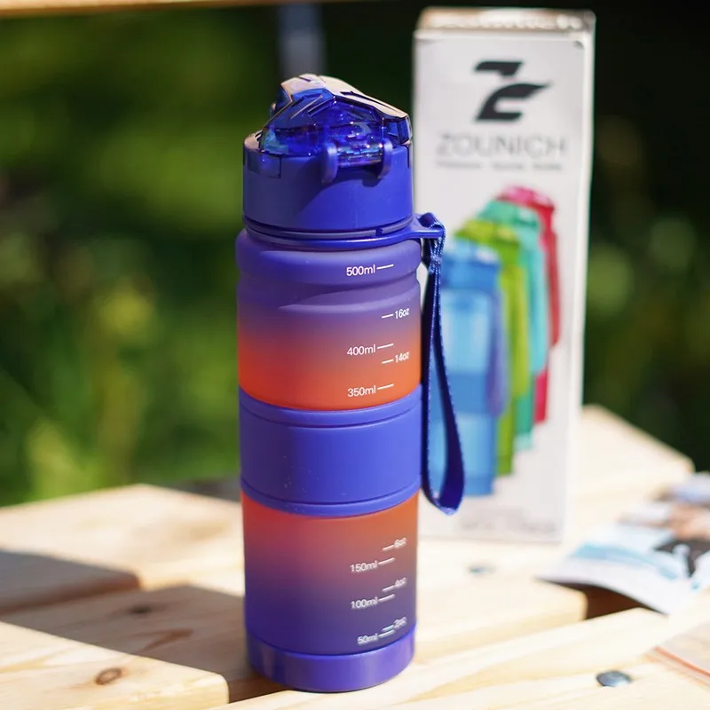 ZOUNICH 500/1000ML Gradient Sports Water Bottle Portable LeakProof Colorful Bottle Travel Plastic Drinkware BPA Free