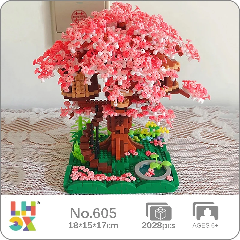 Lhcx 605 Architettura Mondiale Cherry Blossom Tree House Sakura Flower Garden Grass Mini Diamond Blocks Mattoni Building Toy No Box