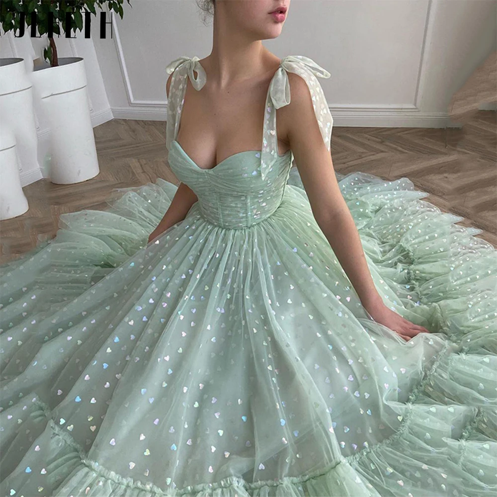 JEHETH Light Green Shining Heart Tulle Prom Dresses Ankle Length Bow Straps Sweetheart Evening Party Graduation Gowns vestidos