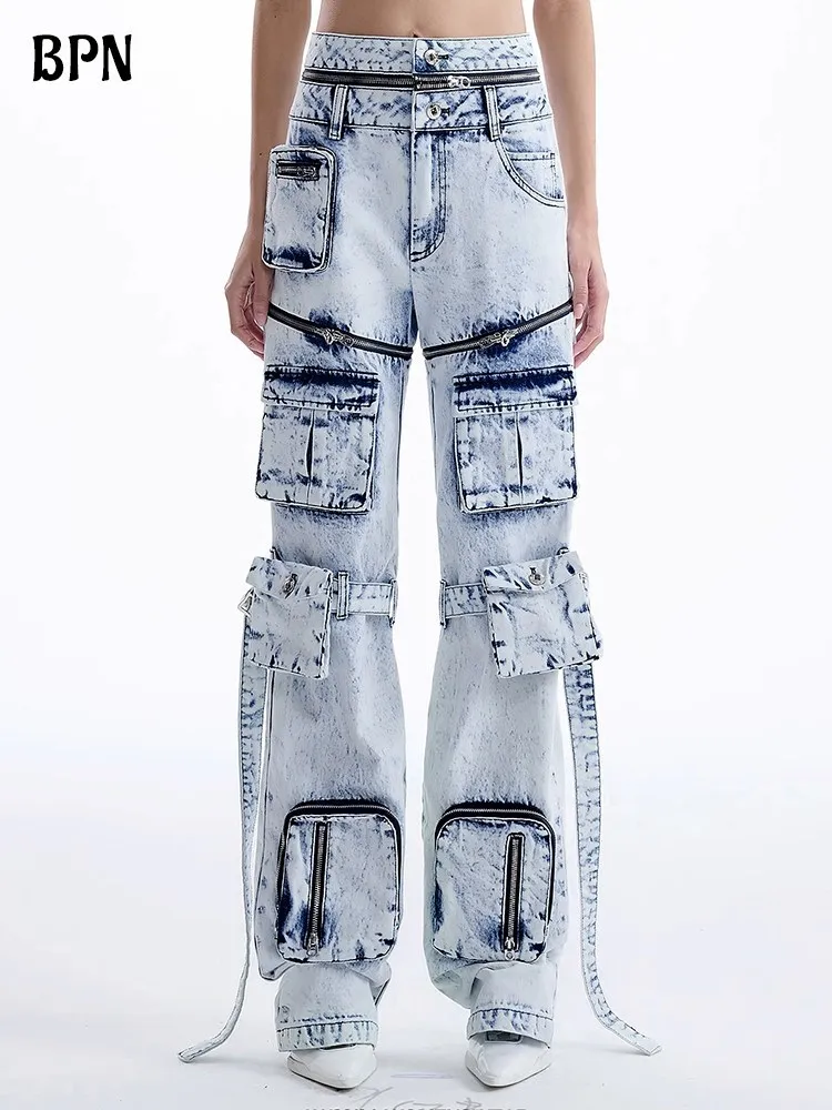 BPN Chic Detachable Denim Pant For Women High Waist Patchwork Pockets Soild Loose Spliced Zipper Streetwear Jeans Female Fashion