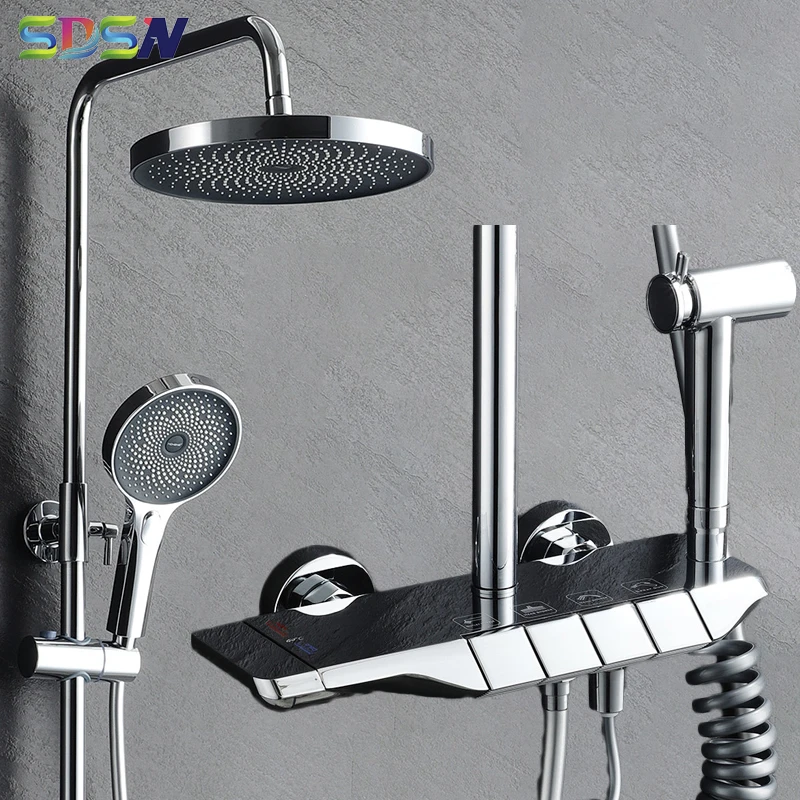

Chrome Thermostatic Shower Set Quality Brass Rainfall Bathroom Shower Faucets Head Luxury Chrome Piano Bath Shower System
