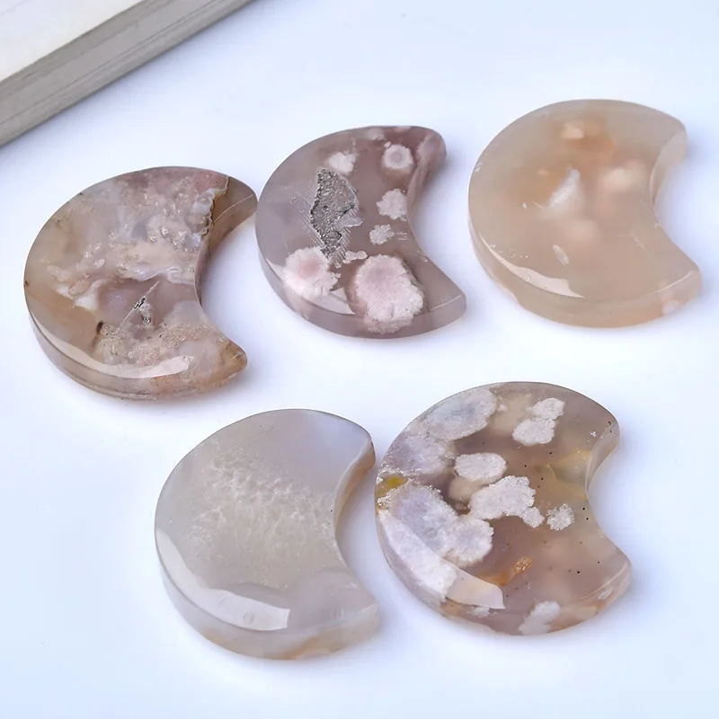 

Natural Gemstone Cherry Blossom Agate Moon Crystal Crafts Home Decor Mineral Reiki Healing Stone Chakra Agate Quartz Decor