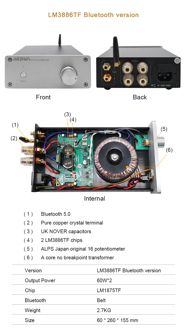 BRZHIFI 2.0 LM1875 / LM3886 Dual Channel Power Auidio Amplifier Bluetooth 5.0 Stereo Sound Speaker Amplificador AMP