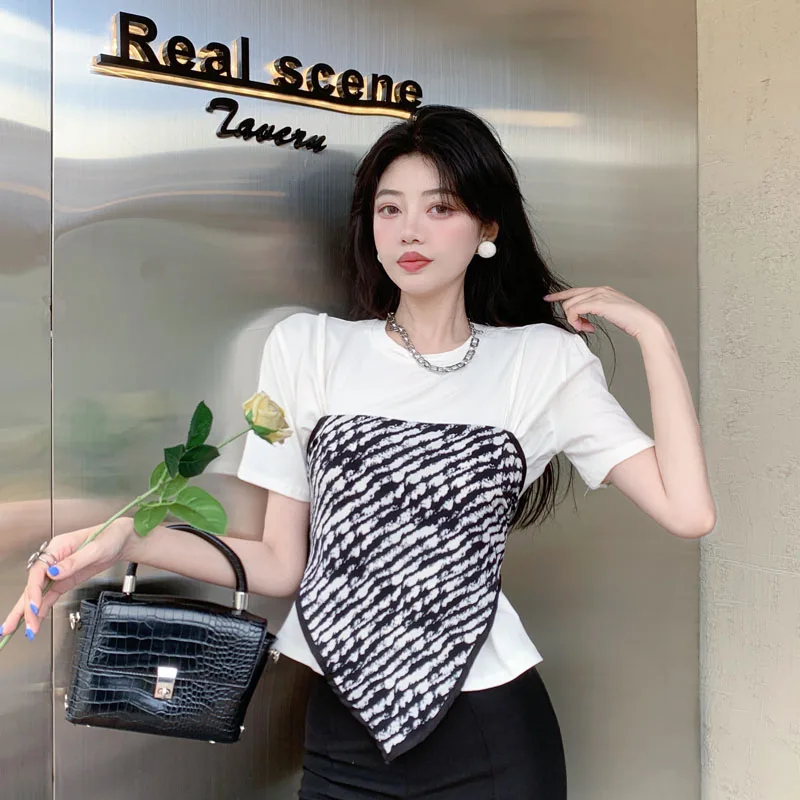 

Женская футболка с имитацией двух предметов, модная туника контрастных цветов, укороченные топы Y2k, повседневные Летние футболки с круглым вырезом, 2023