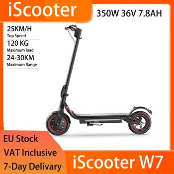 Scooter elettrico pieghevole iScooter W7 da 8,5", 350 W 36 V 7,8 Ah, portata 25-30 km, 35 km/h, sospensione anteriore/posteriore, supporto APP, nero