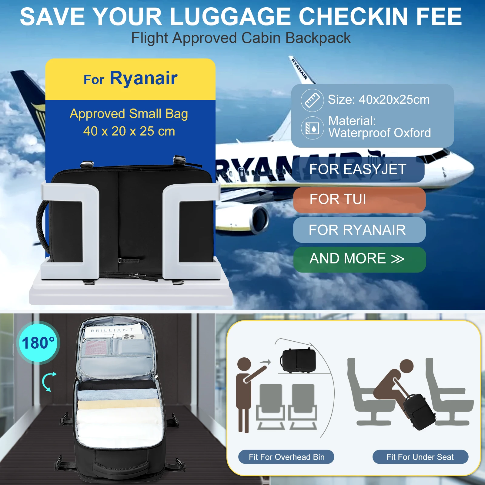 Zaino Da Viaggio SZLX 40x20x25 Cm - Bagaglio A Mano Ryanair, Impermeabile Con USB E Portascarpe