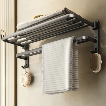 50 ซม.สีดําพับผู้ถือ Hook ผ้าเช็ดตัวผู้ถือ Wall Mount AluminiumTowel Rack ห้องน้ําชั้นวางอุปกรณ์ห้องน้ํา 1