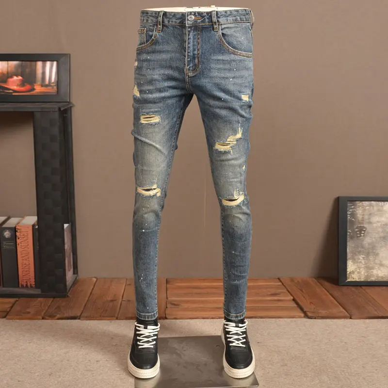 High Street Fashion Men Jeans Retro Blue Elastic Stretch Slim Fit Ripped Jeans Men Patched Designer Vintage Denim Pants Hombre