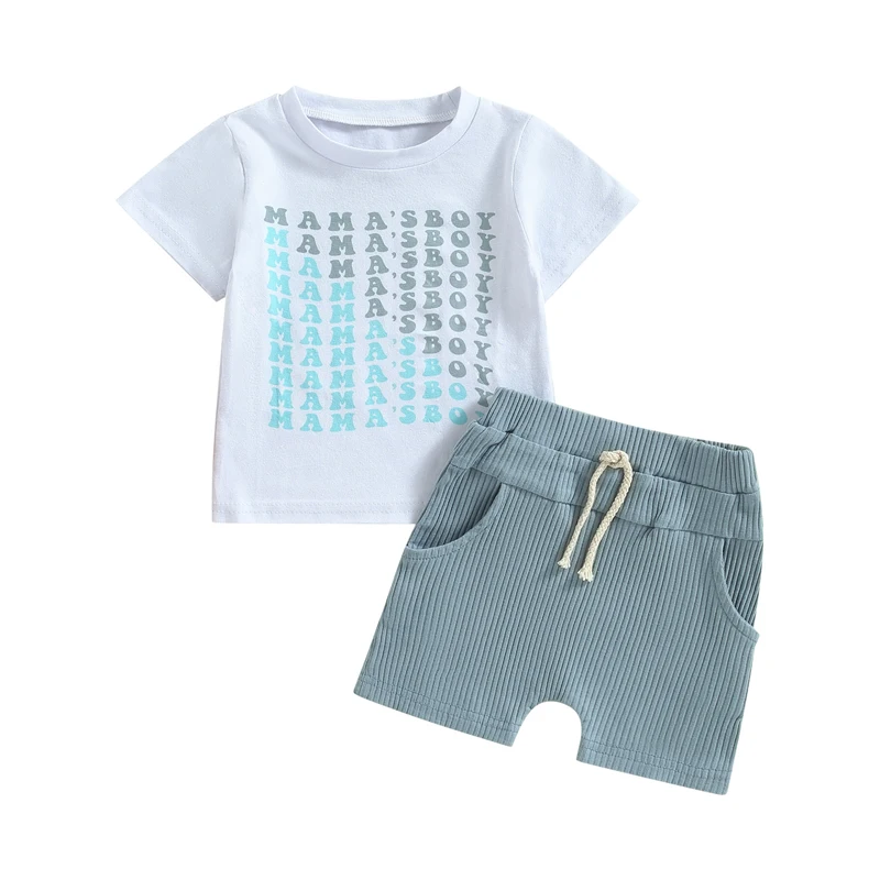 Baby Boys Summer 2PCS Outfit Sets White Short Sleeve Letter Print Tops Solid Color Drawstring Shorts