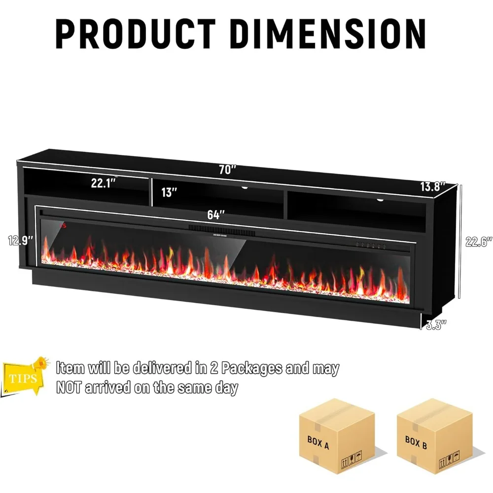 70" Fireplace TV Stand for TVs Up To 80" with 64" Electric Fireplace, TVs Console for The Living , Media Console Table TV Stand 3