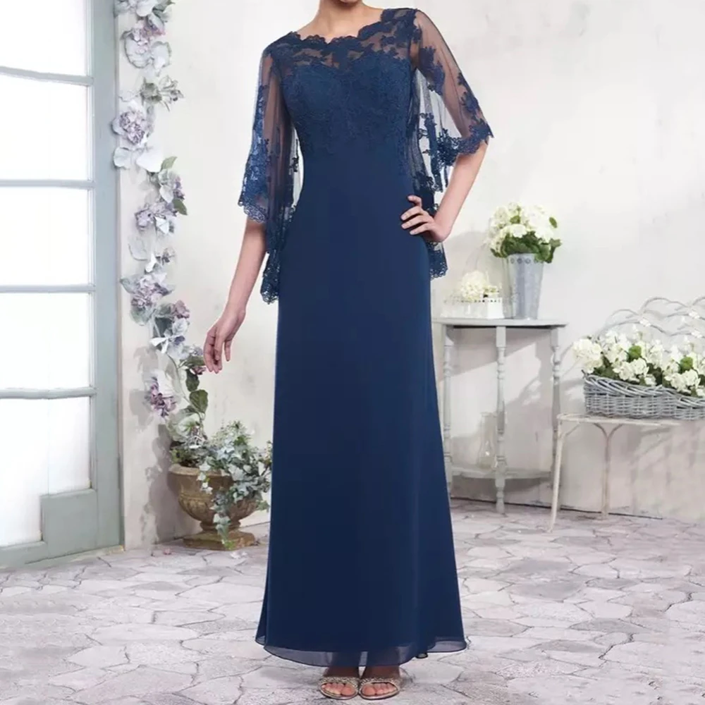 

Beach Navy Blue Mother of the Bride Dress Chiffon Lace Applique Formal Wedding Evening Mother Gowns