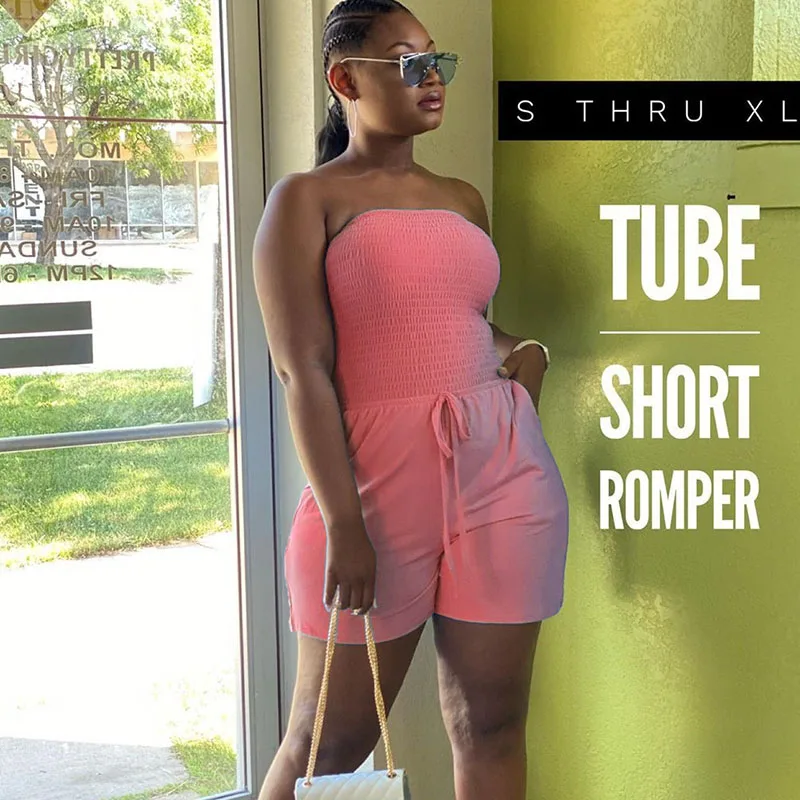 

Solid Strapless Patchwork Playsuits for Women Summer Lace-up Ruched Rompers Womens Jumpsuit Shorts Casual Club Outfits Loungwear