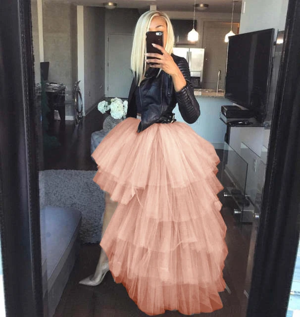スカート Her lip to Rose Pleated Tulle Skirt Women Tutu Skirts Adult Layered Mesh Tulle High Low Overlay