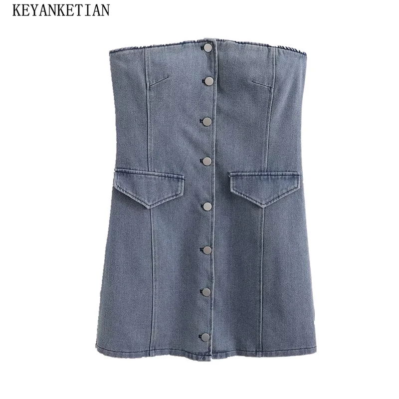 

KEYANKETIAN New Launch Women's Slash neck Skinny Denim Dress Fashion Sexy Single Breasted Flap Pockets Strapless MiniSkirt