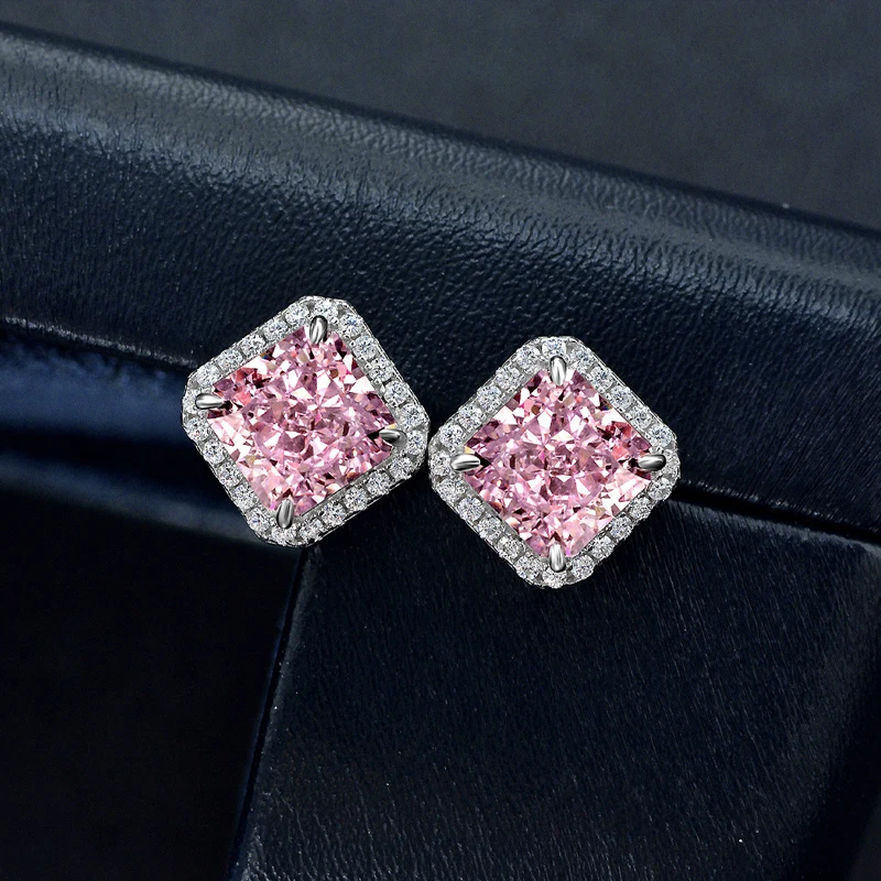 OEVAS 100% 925 Sterling Silver 7*7mm Aquamarine Yellow Pink High Carbon Diamond Stud Earrings For Women Sparkling Fine Jewelry