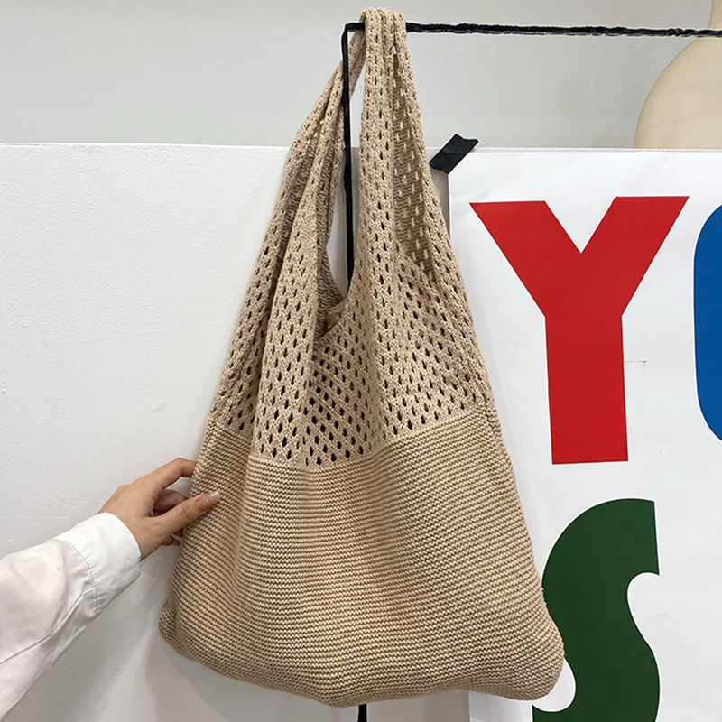 Bolso De Playa De Punto Para Mujer - Diseño Hueco Retro, Malla, Amplio Y Ligero