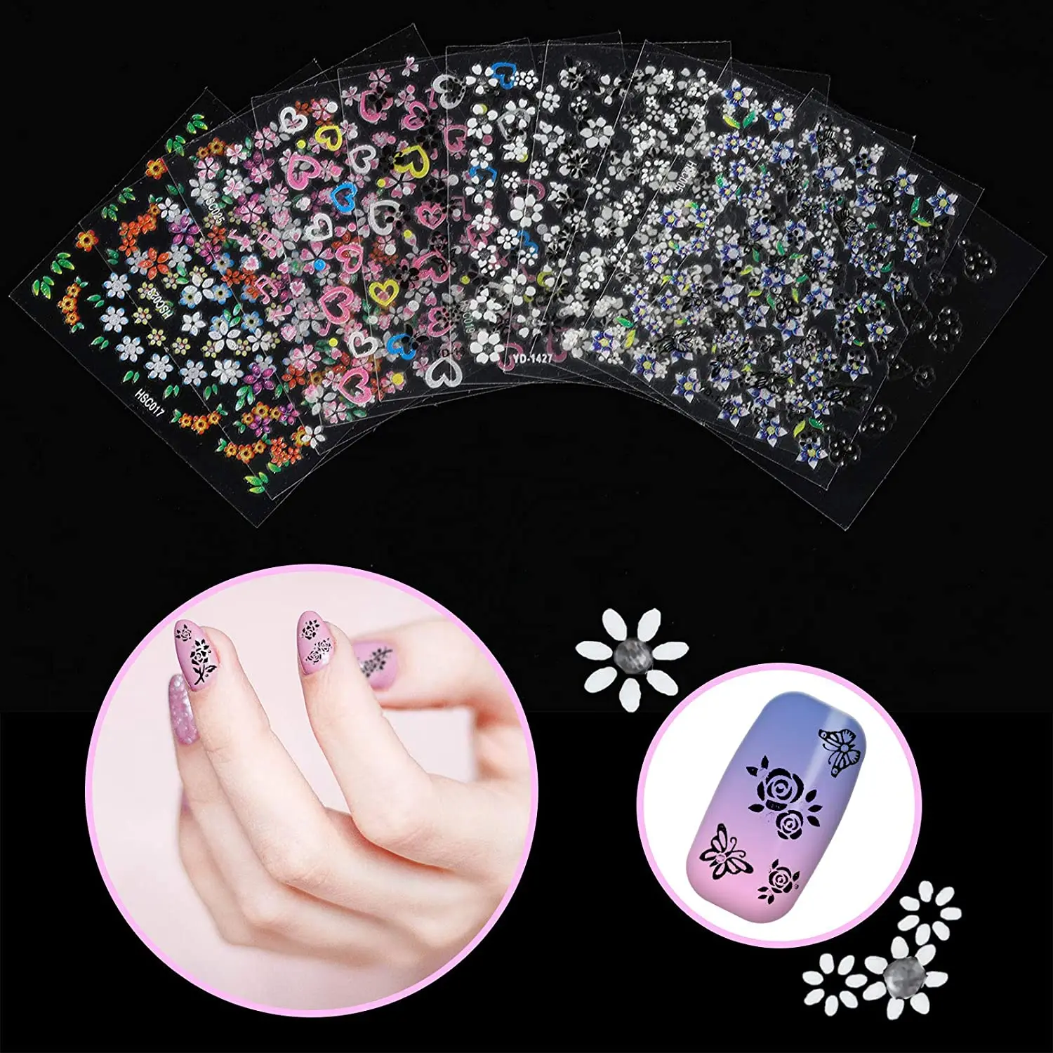 2500 Pieces Flower Nail Sticker 50 Sheets 3D Self Adhesive Floral ...