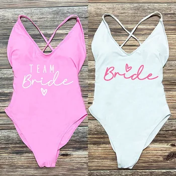 S-3XL Pink Print Team Bride One-Piece Swimsuit Squad Women Swimwear Sexy Padded Bachelorette Party Bathing Suit Summer Beachwear