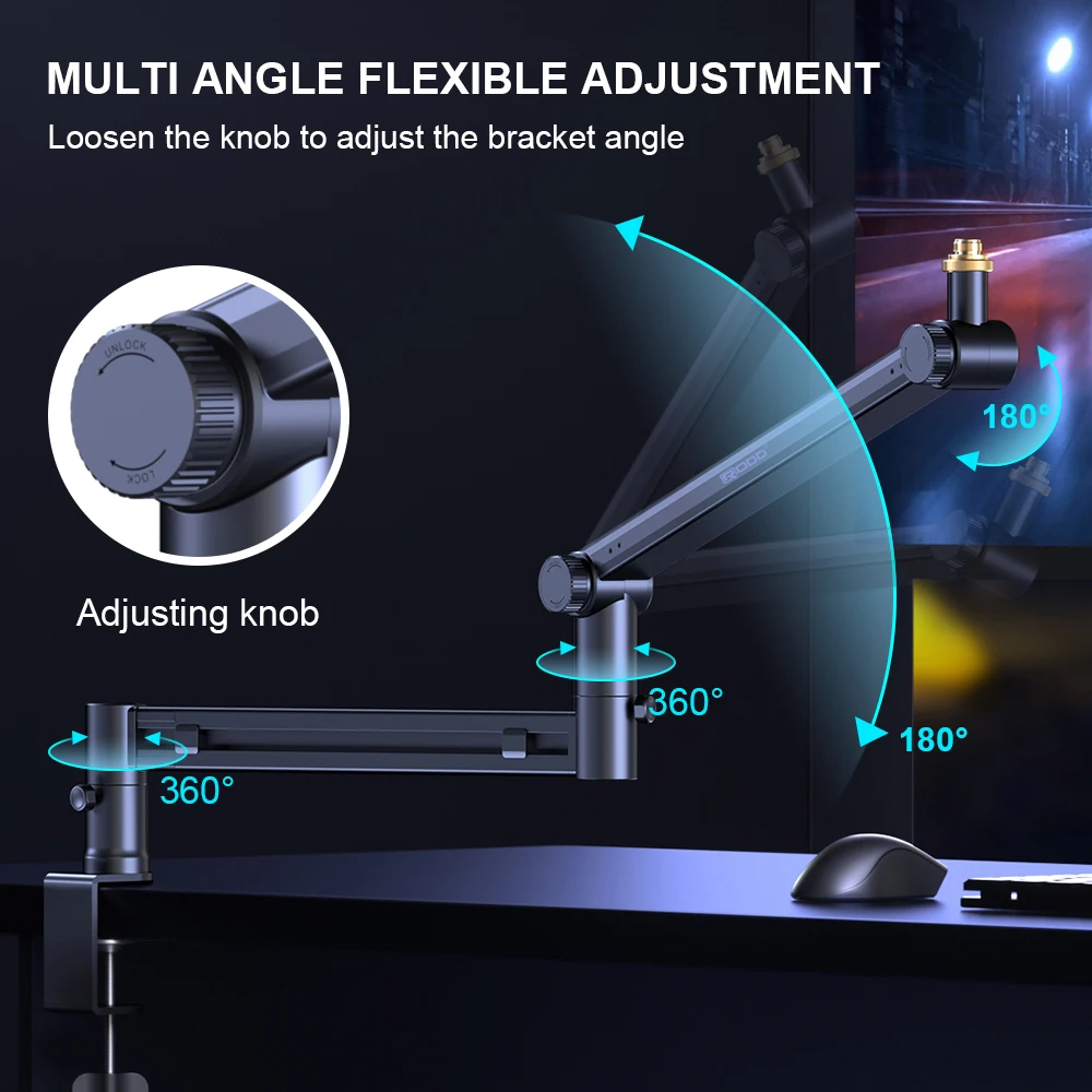 RODD AK-58 마이크 붐 암, 조절 가능한 마이크 브래킷 및 케이블 관리 기능, 블루예티, 솔로캐스트 등에 적합합니다.