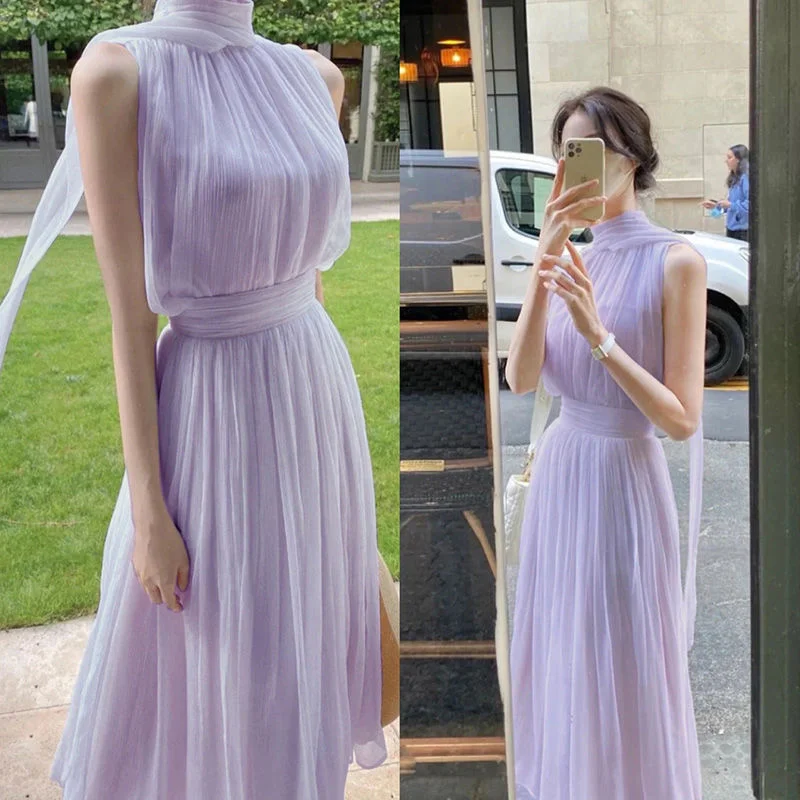 Women's  2022 Spring And Summer New Style Gentle Elegant Long Skirt High Collar Sleeveless Fashion Sexy Dress