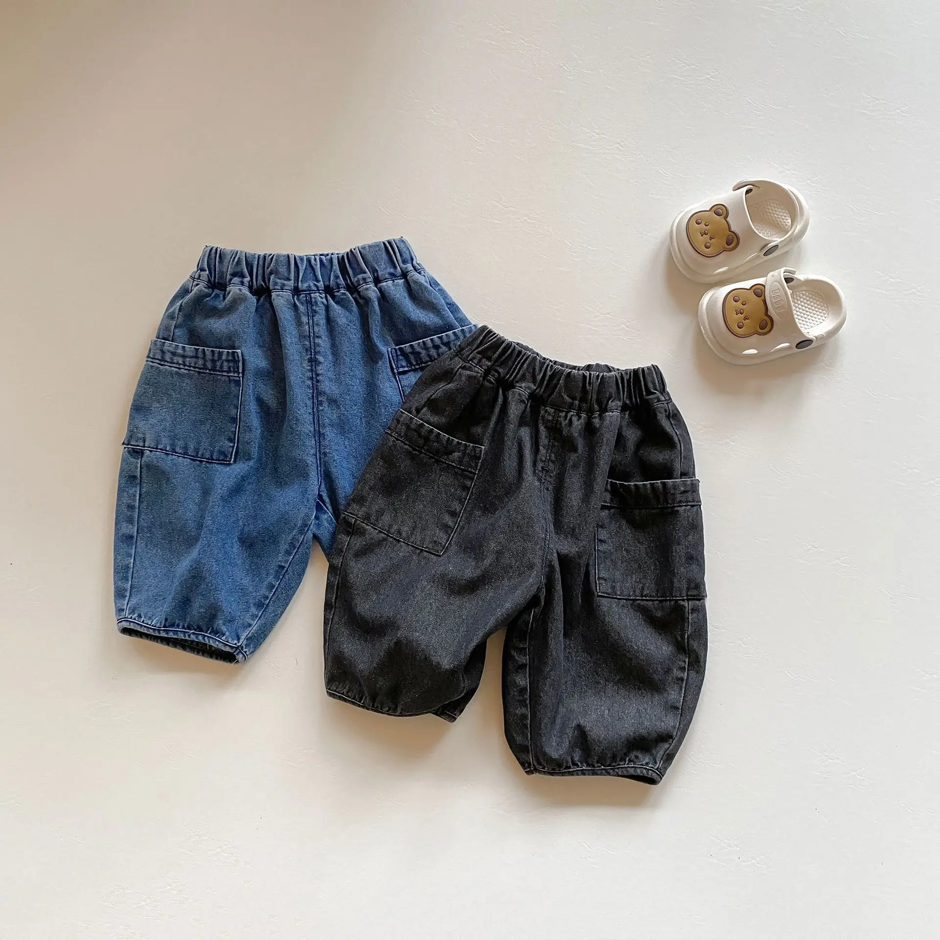 

2024 Summer All-match Children Jeans Loose Boy Denim Shorts Solid Kid Casual Short Pants Retro Girls Mid Trouser Baby Clothes