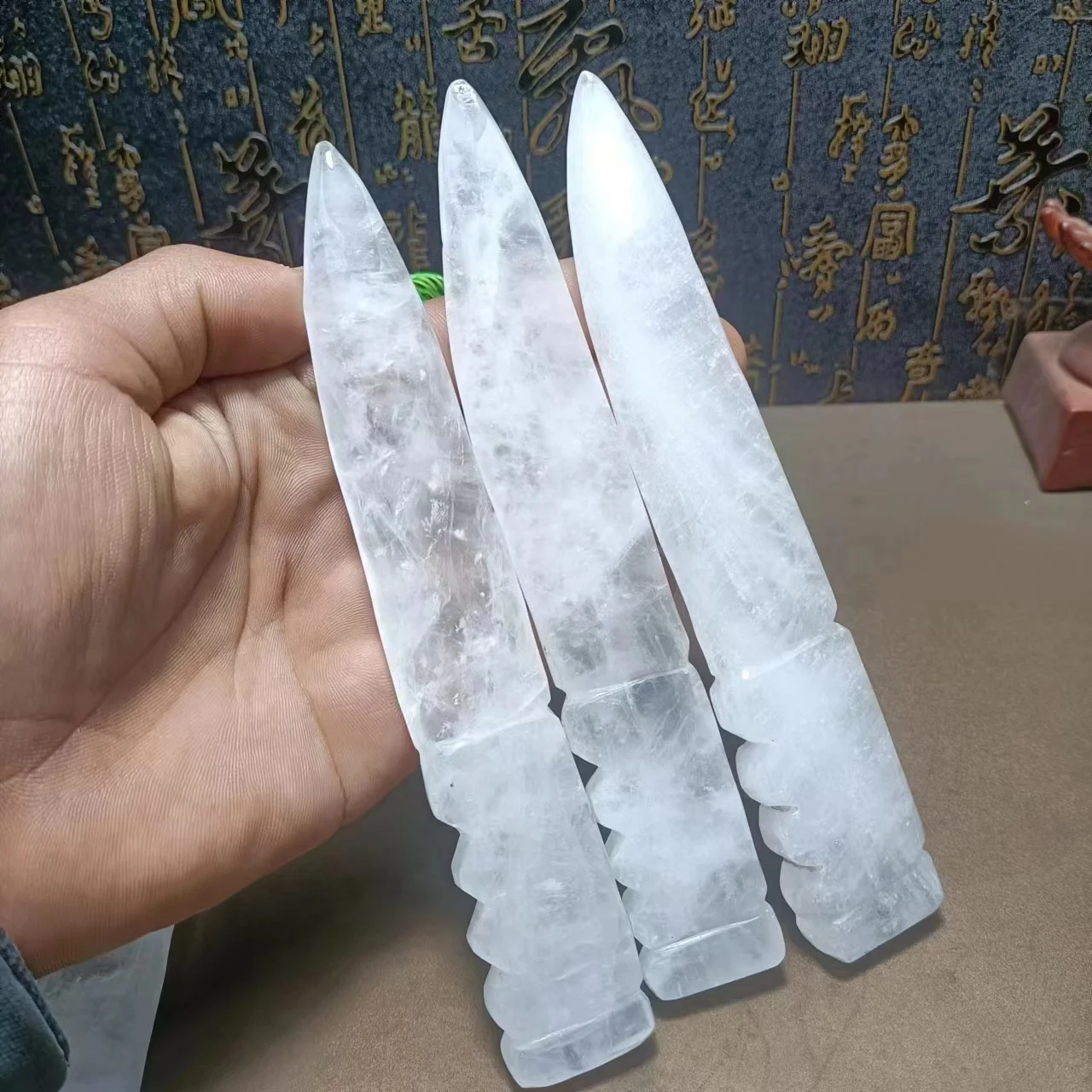 

Natural raw stone hand carved energy white crystal knife. Quartz Crystal Carved polished Reiki living Room decorative treatment