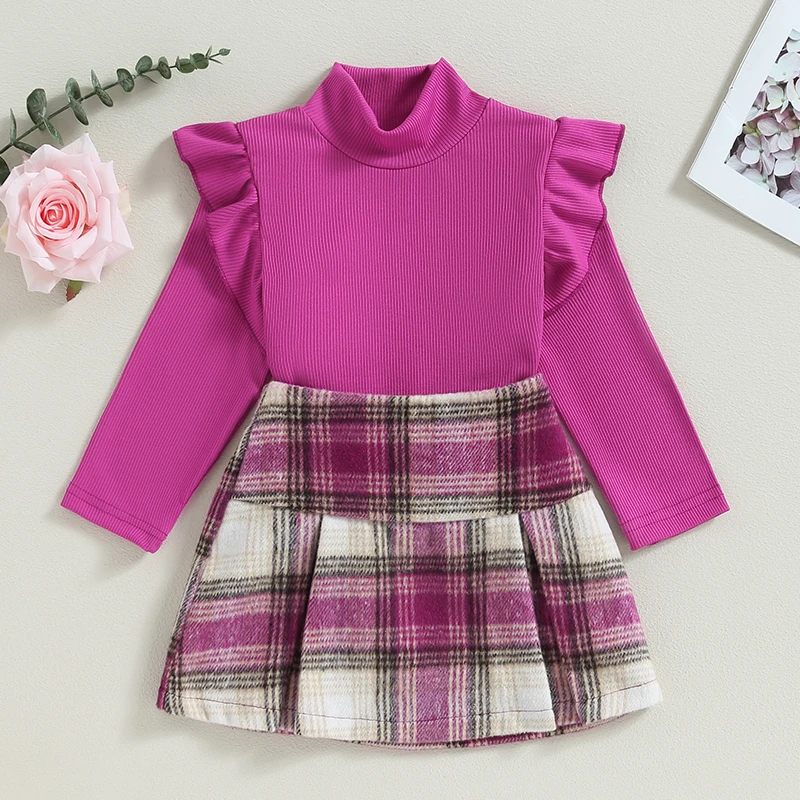 

Toddler Girls 2Pcs Fall Outfits Ruffle Long Sleeve Mock Neck Pullover Tops + Plaid Pleated Skirt + Headband Suit Baby Clothes