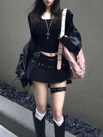 Black High Street Gothic Rivet Mini Skirt Woman Y2K Style Korean Fashion Aesthetic Skirts Elegant Retro A-line Denim Outfit 2025 - Image 2