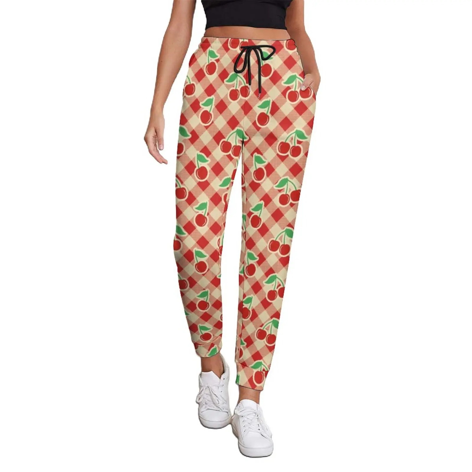 

Red Cherry Print Jogger Pants Vintage Plaid Elegant Big Size Joggers Spring Woman Custom Street Style Trousers