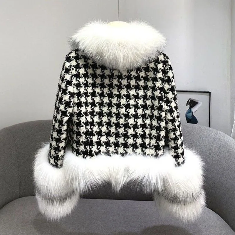 2023 Autumn And Winter New Houndstooth Large Collar Imitation Short Coat Women's Temperament Delt Fox Fur Coat Womentide