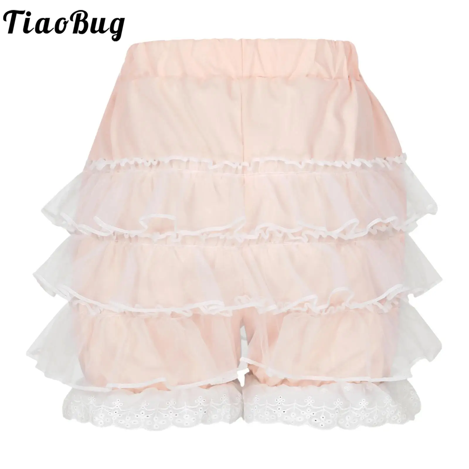 

Womens Cute Lace Trim Tiered Ruffles Skirted Shorts Sold Color Elastic Waistband Frilly Bloomers for Role Play Masquerade Party