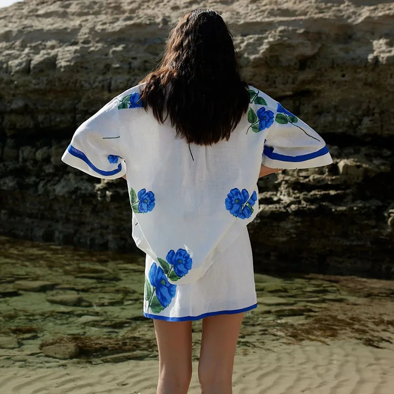 2 piece Skirt Set Women Set Spring Summer Loose Floral Printed Blouse Shirt And Mini A-line Skirts Loose 2 Pes Sets For Female