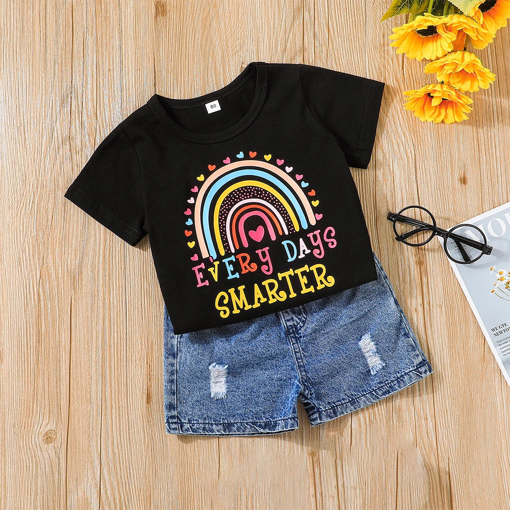 

Children Fashion Short Sleeved T -shirt+Denim Shorts Suit Baby Girl Clothes Cotton Casual Tracksuit Summer Clothing Kids Clothe