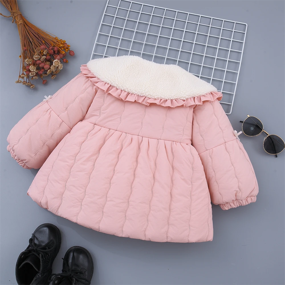 Cute Baby Girl Cotton Coat With Winter Lace Granular Velvet Big Collar Solid Color Single Breasted Cotton Jacket