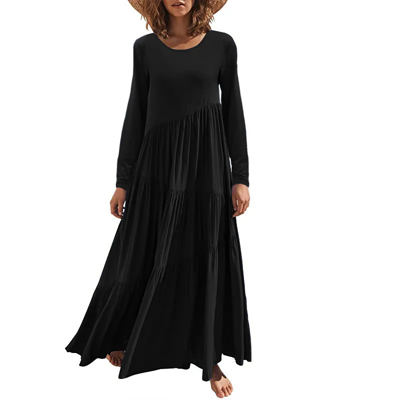 

Spring Women Loose Long-Sleeved Round Neck Asymmetrical Swing Layered Beach Dress Female & Lady Casual Dresses