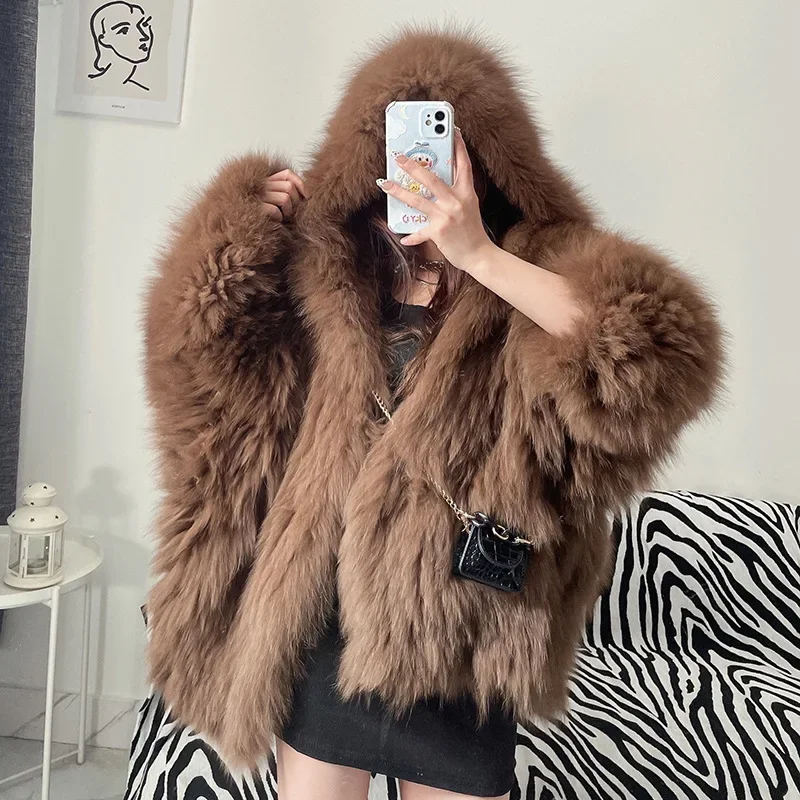 Fox Fur Double-sided Woven Warm Jackets Women's Clothing Coat Hooded Silhouette Genuine Fur Medium Length Thick Sexy Tops 2023