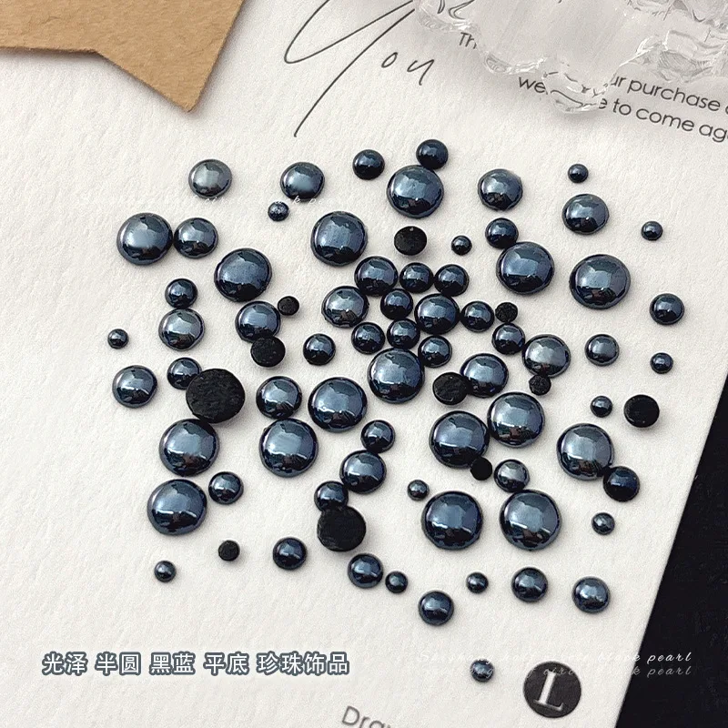 400/700/1000개입 탑 스파클 글로시 블랙 세미 펄 플랫백 2-5mm 레진 네일아트 라인스톤 장식 매니큐어 다크 참스
